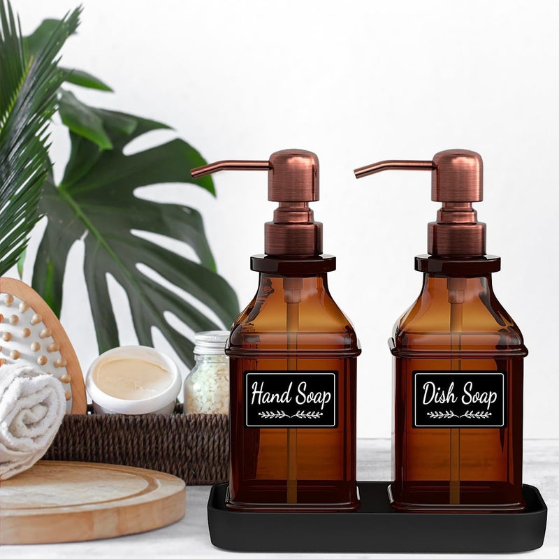 LMQML Soap Dispenser - 2 Pack, Antique Design Thick Amber Glass Hand Soap Dispensers with Sturdy Tray; 304 Rust Proof Stainless Steel Black Pump, 12Pcs Stickers, for Kitchen, Bathroom -Brushed Copper - Image 5